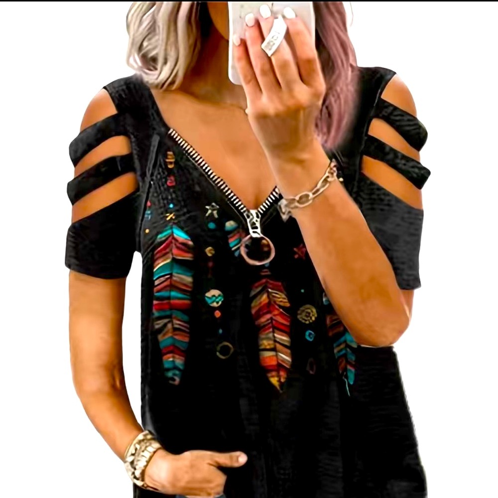 BLACK BOHO TRIBAL FEATHER COLD SHOULDER ZIPPER TOP Women’s 1X
